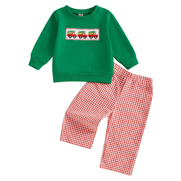 MQTIME  -  Baby Girl Christmas Outfit Reindeer Applique Ruffle Sleeve Top and Red Plaid Pants 2 Piece Set for Toddler Infant